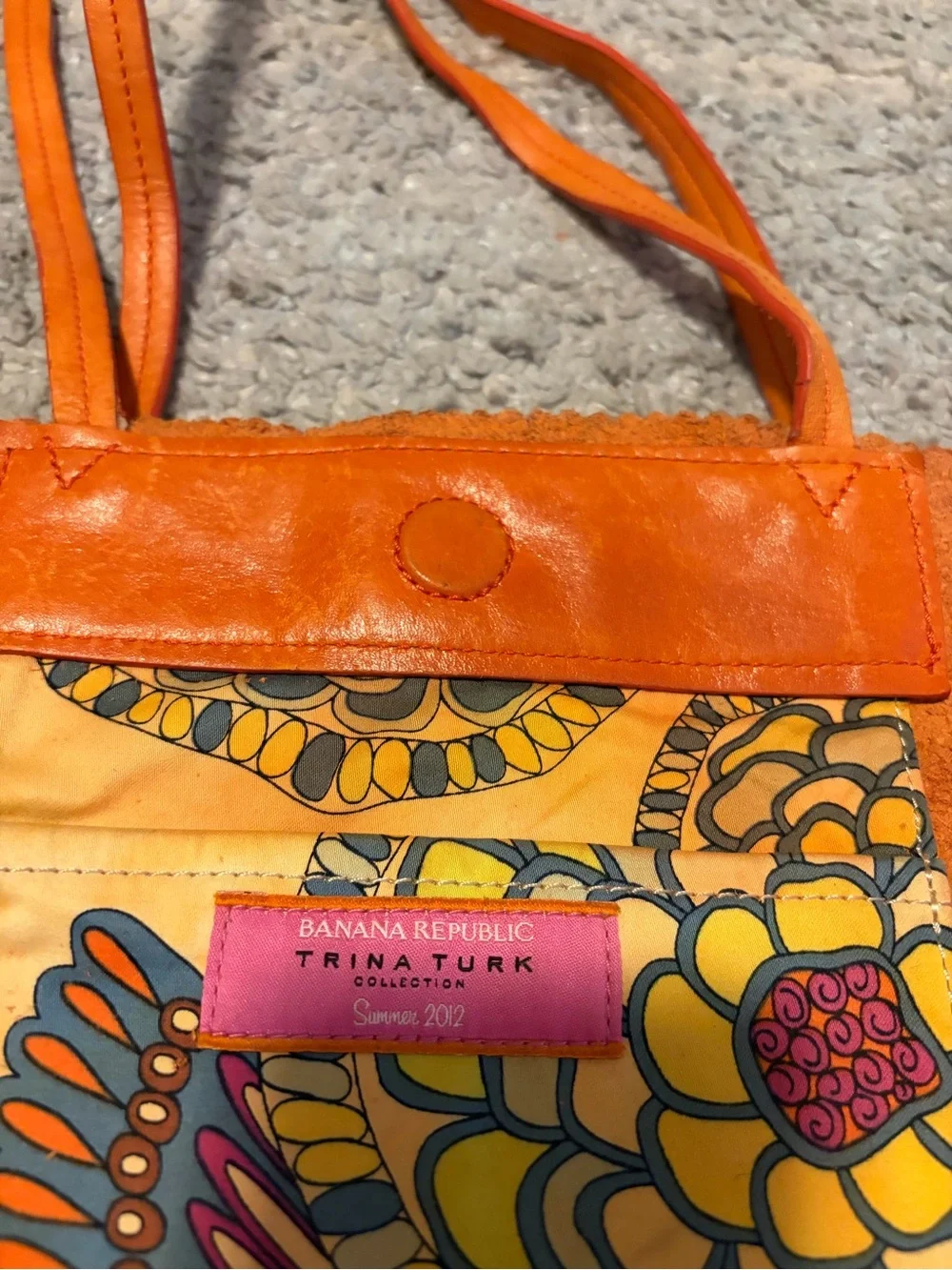 Banana Republic x Trina Turk Orange Leather Suede Large Tote Bag Floral Pocket